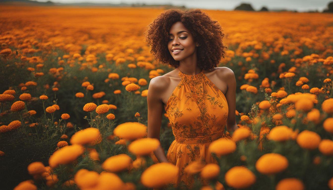 A woman in a marigold dress surrounded by blooming marigold flowers in a vibrant and bustling field.