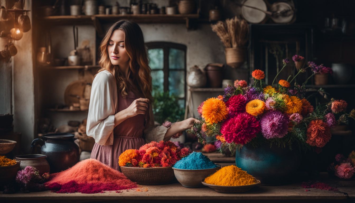 A woman holding a bouquet of colorful flowers next to a pot of boiling flower dye.