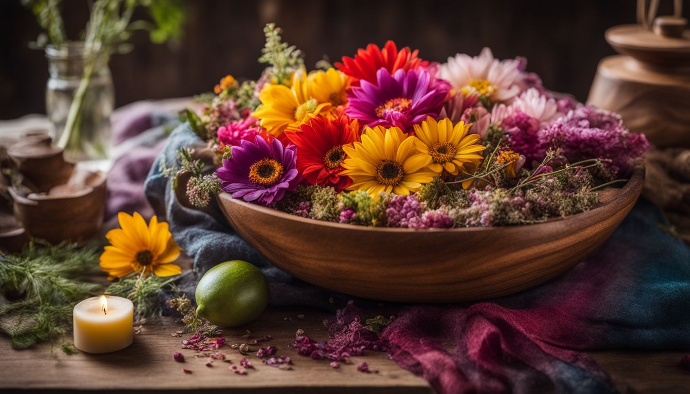 The photo shows a vibrant arrangement of flowers in a wooden bowl surrounded by dye ingredients and fabric.