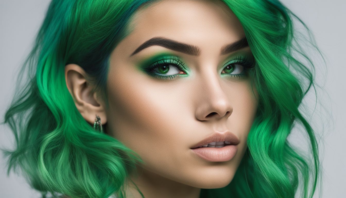 A photo of a woman with vibrant green hair surrounded by green hair dyes, showcasing different faces, hairstyles, and outfits.