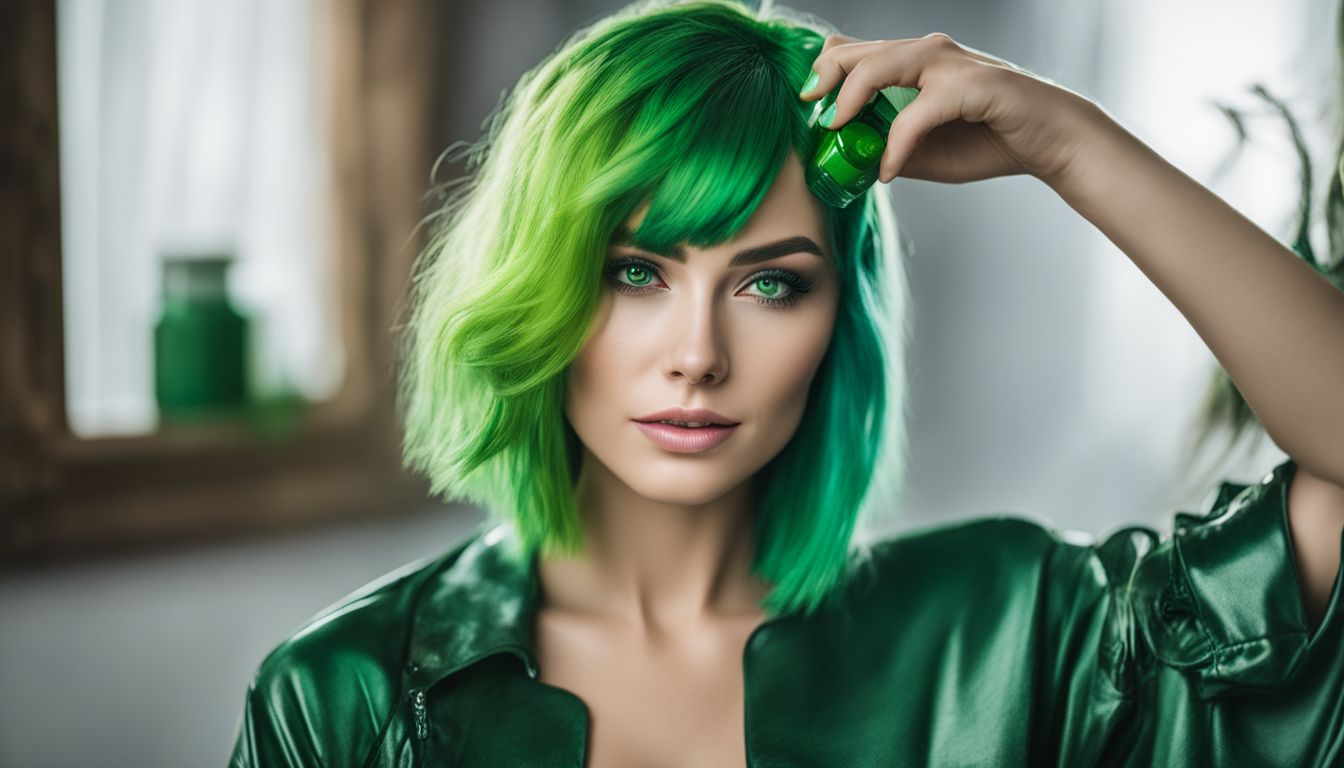 A Caucasian woman with green hair dye poses with various green dye products in a highly detailed cosmetic photography shoot.