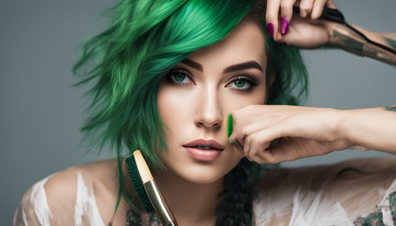 A woman with green hair dye holding a brush, showcasing different hair styles and outfits with highly detailed features.