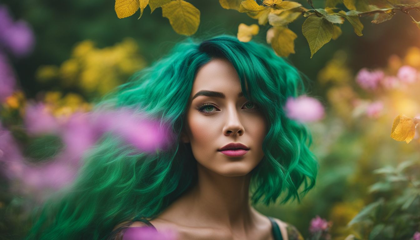 A photo of a woman with green hair, surrounded by nature, showcasing different faces, hairstyles, and outfits.