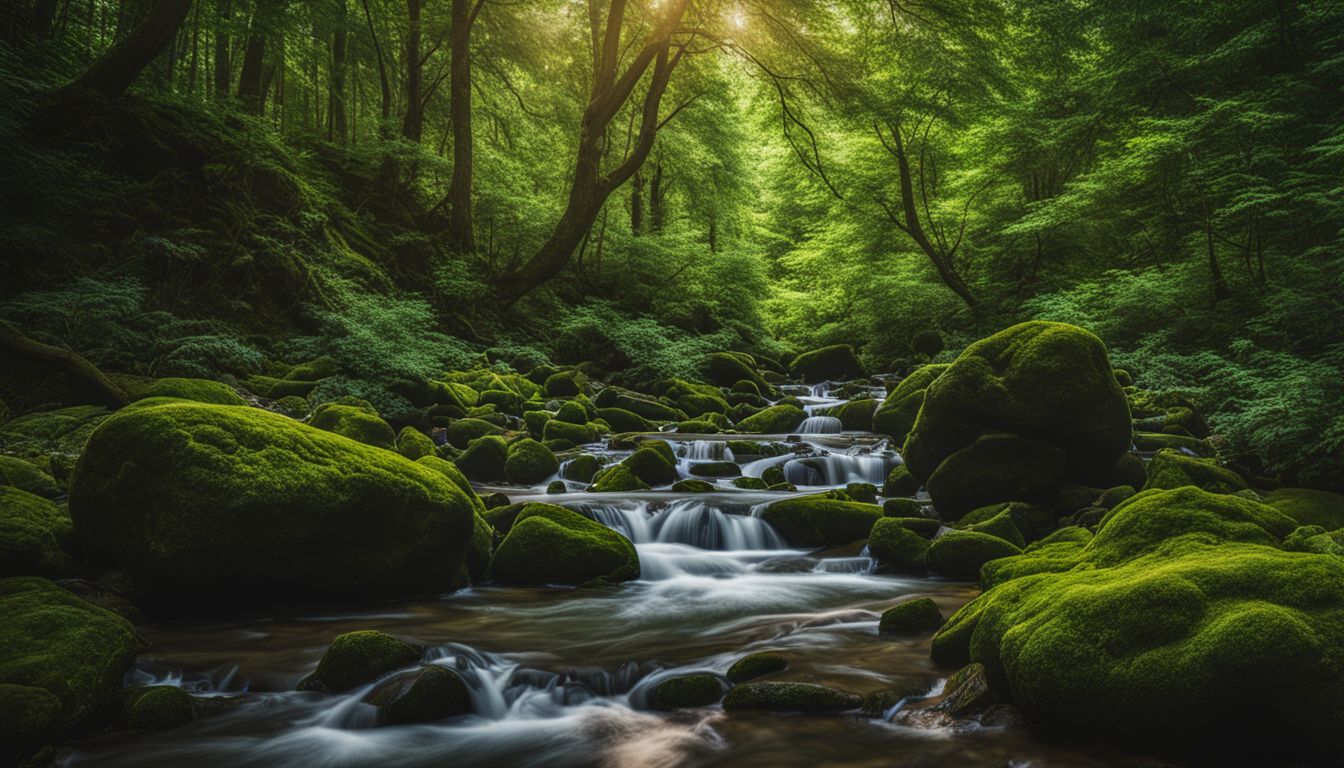 A photo of a lush green forest with a stream, showcasing diverse faces, hairstyles, and outfits.