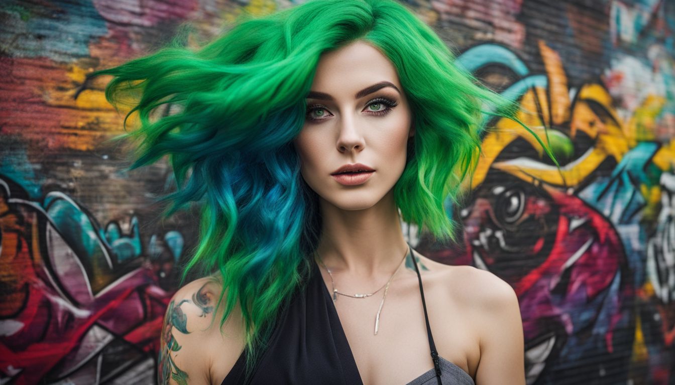 A photo of a woman with vibrant green hair in an urban street art scene with different faces, hair styles, and outfits.