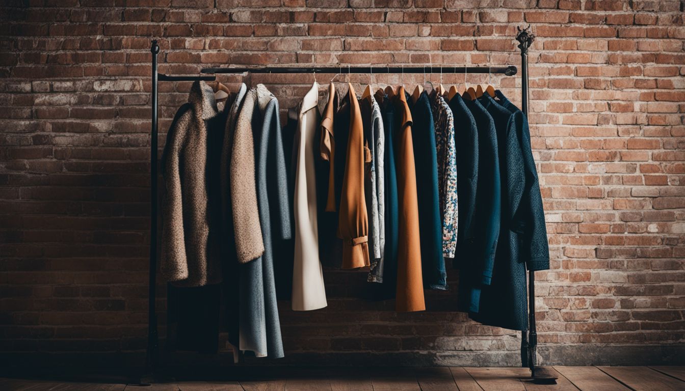 A photo of a vintage clothing rack against a brick wall, showcasing a variety of stylish garments.