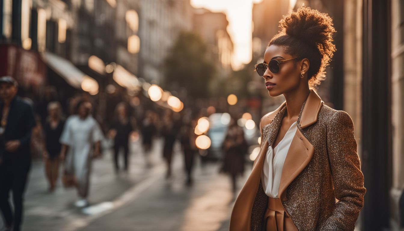 A stylish celebrity confidently walks down a city street at sunset, showcasing different outfits, hairstyles, and faces.