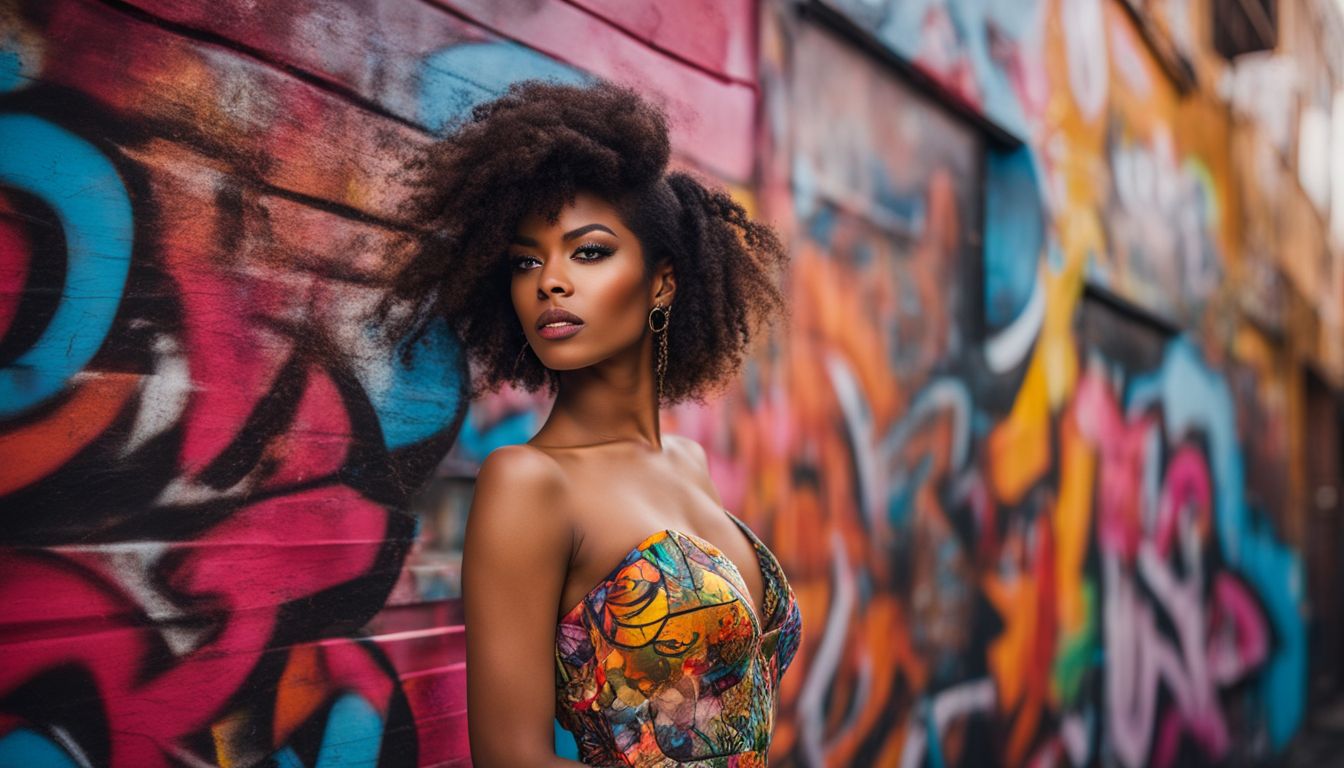 A model wearing a unique vintage dress poses in front of a colorful graffiti wall in a fashion photography shot.