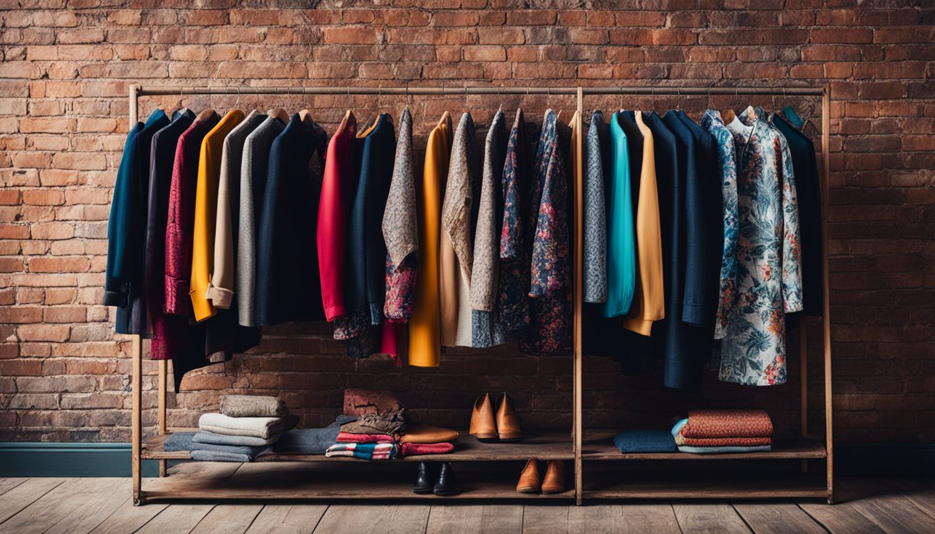 The photo shows a vintage clothing rack filled with colorful garments against a rustic brick wall.