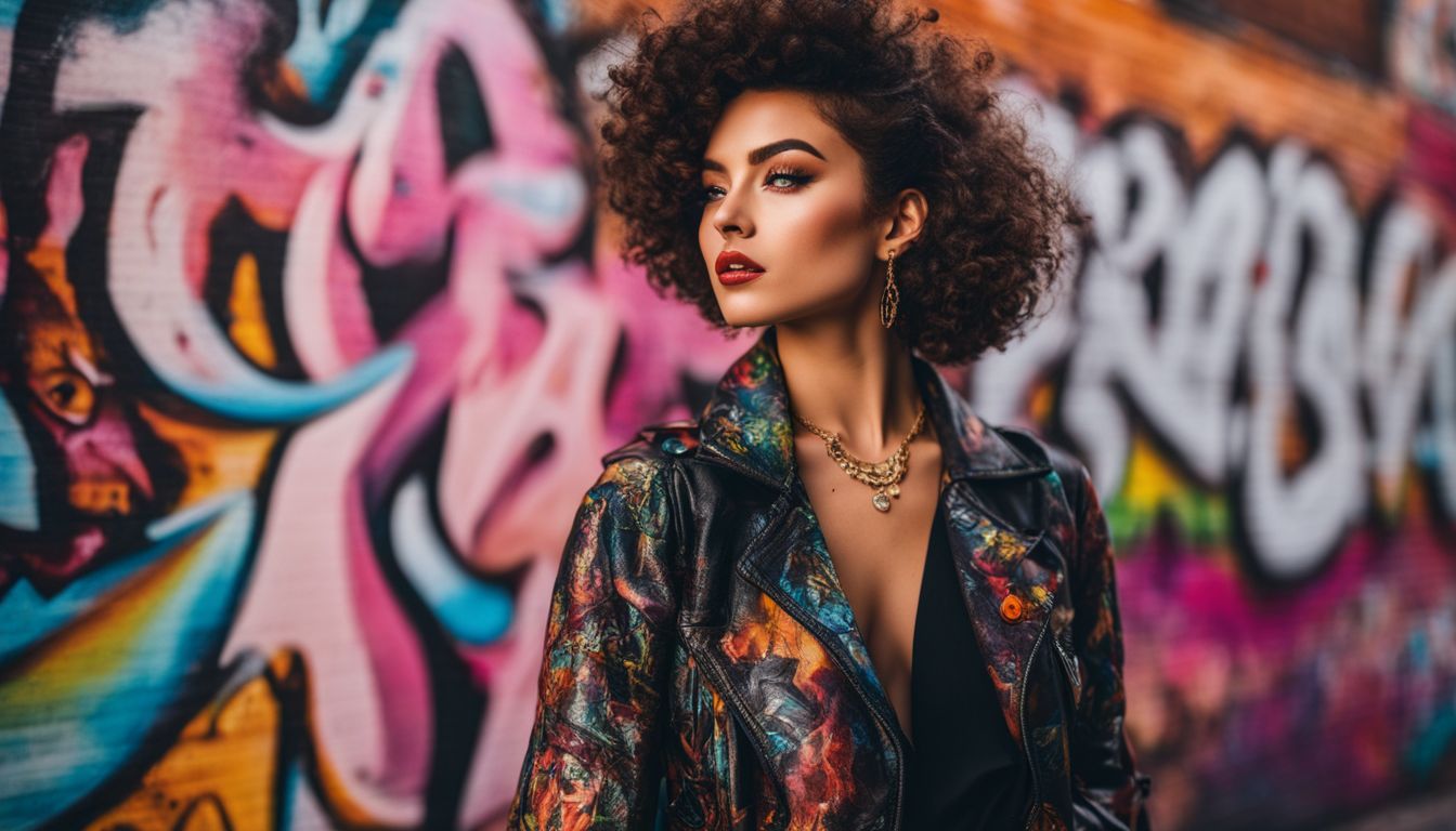 A young influencer posing in a vintage-inspired outfit in front of a colorful graffiti wall.