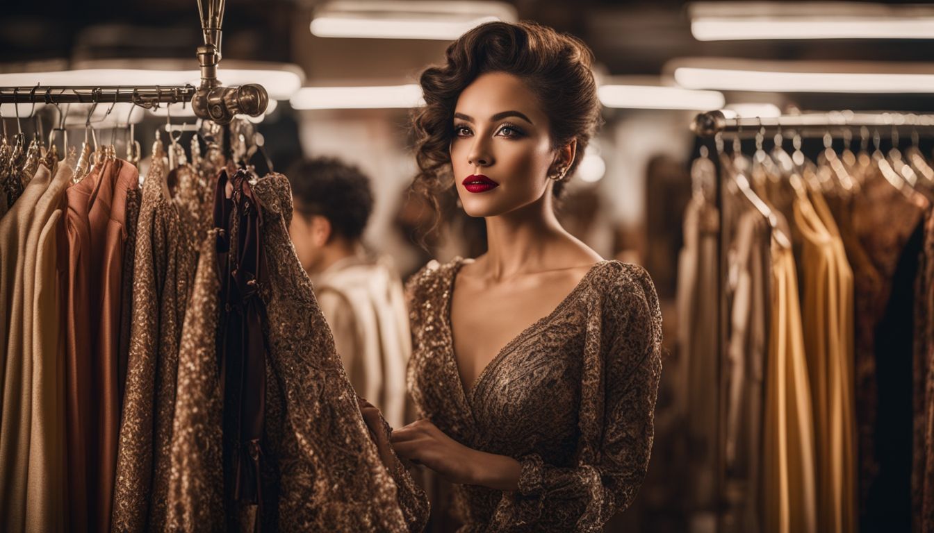 A woman in vintage clothing, posing in front of a clothing rack, with different faces, hairstyles, and outfits.