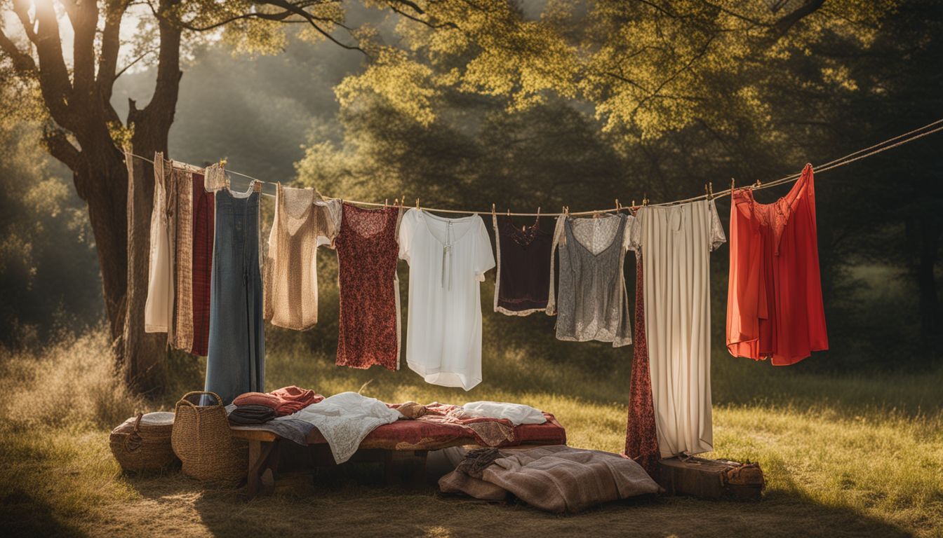 A display of vintage garments hanging on a clothesline, showcasing different styles and hairdos in a rustic outdoor setting.