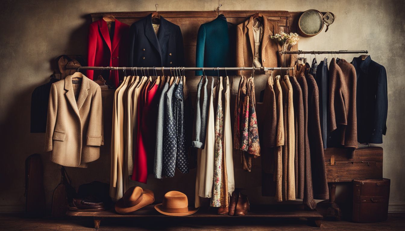 A collection of vintage clothing displayed in a vintage-style room, featuring different faces, hair styles, and outfits.