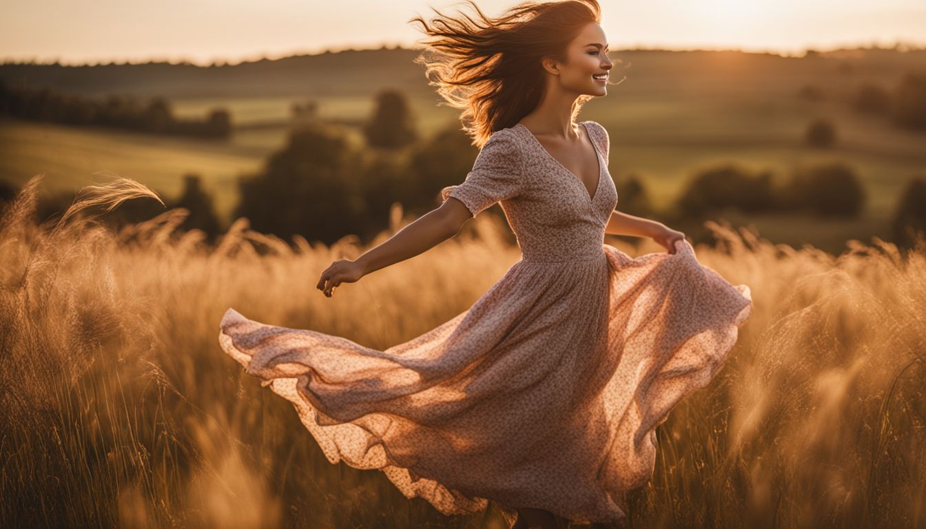 A young woman twirling in a vintage dress in a sunlit field, showcasing various faces, hair styles, and outfits.