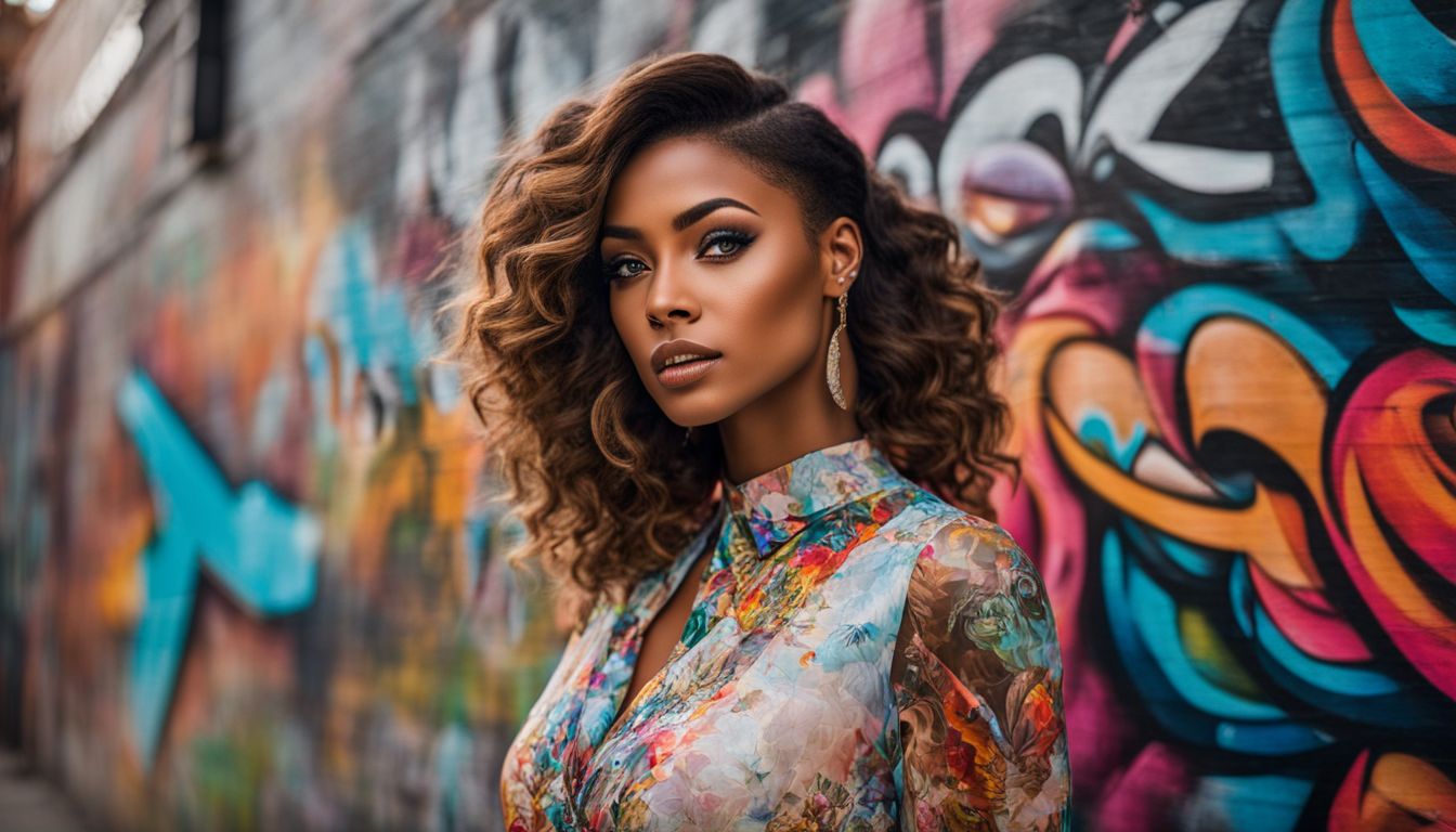 A woman in a vintage dress poses in front of a colorful graffiti mural, showcasing different faces, hair styles, and outfits.
