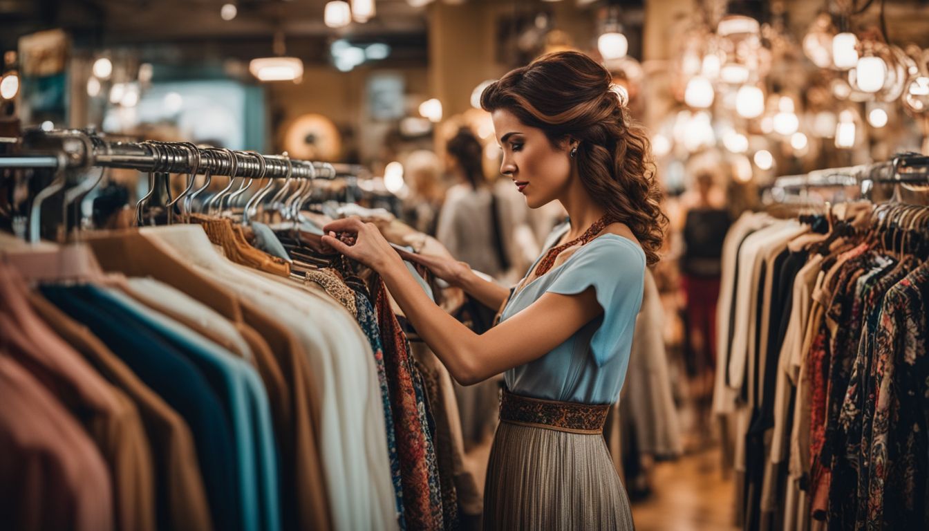 A woman shopping for vintage clothing in a retro-style boutique with a diverse range of styles and atmospheres.