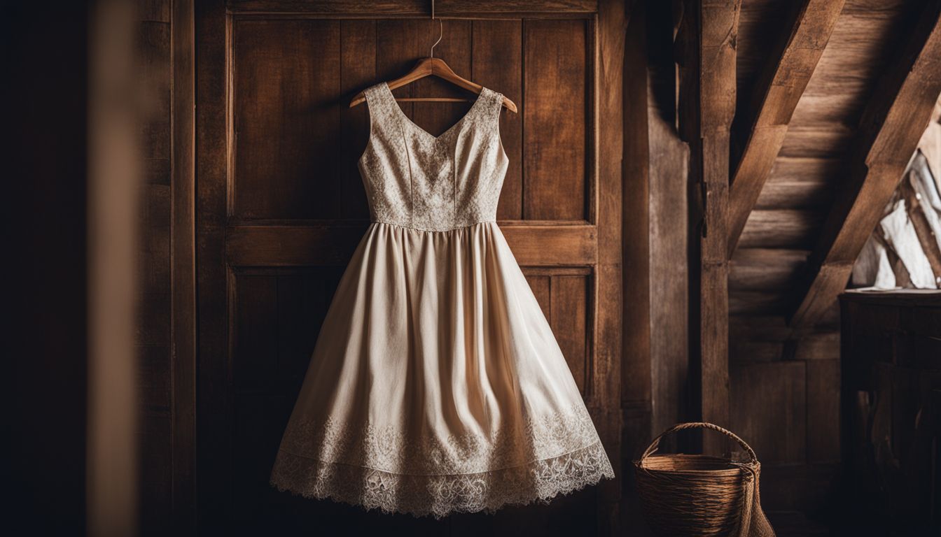 A well-preserved vintage dress showcased on a wooden hanger against a rustic backdrop with different faces, hair styles, and outfits.