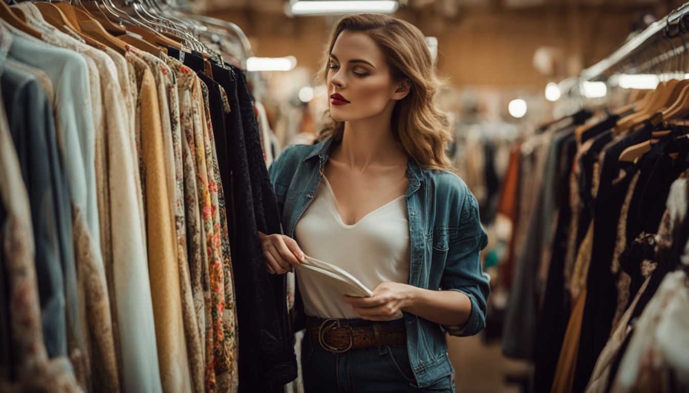 A woman is browsing through racks of vintage clothing at a thrift store, surrounded by different faces, hair styles, and outfits.