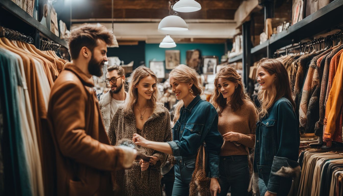 A diverse group of friends shopping together in a vintage store with a wide selection of unique clothing.