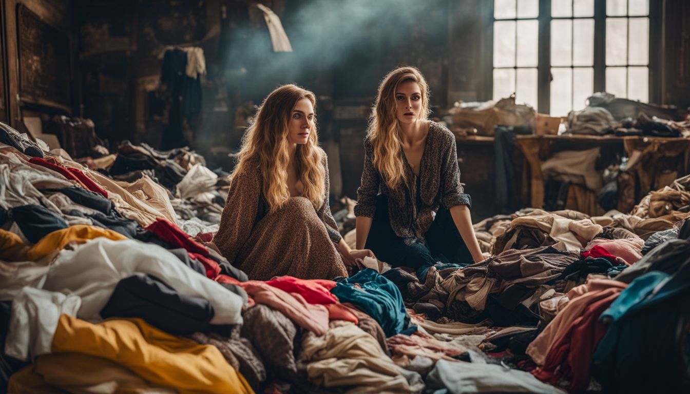 A Caucasian woman in a vintage outfit surrounded by piles of discarded clothing in a bustling atmosphere.