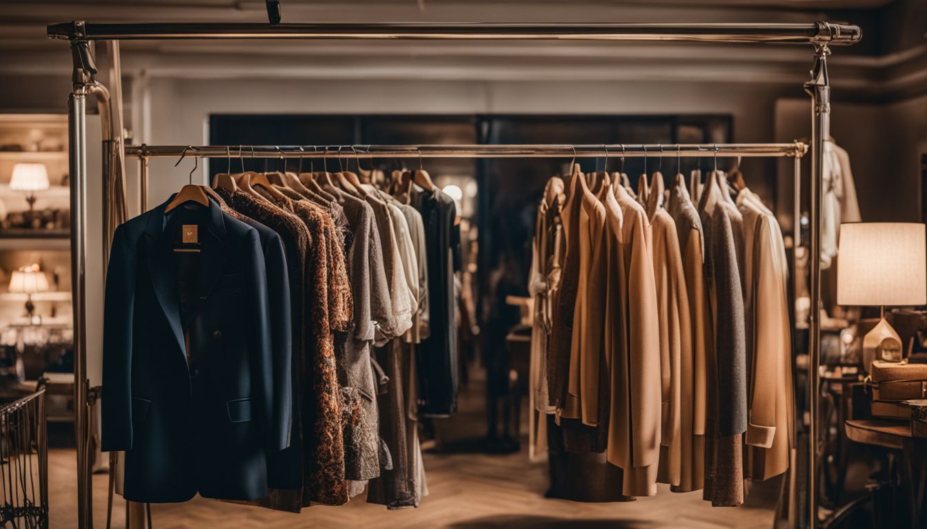 A photo of a vintage clothing rack in a cozy vintage-inspired boutique with a variety of faces, hair styles, and outfits.