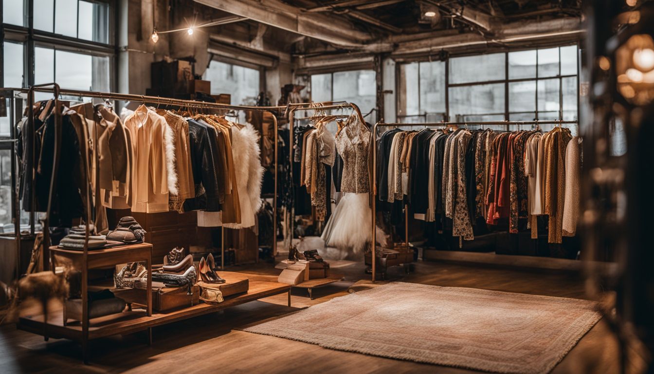 A vintage clothing rack filled with unique garments and accessories, showcasing different styles and a bustling atmosphere.