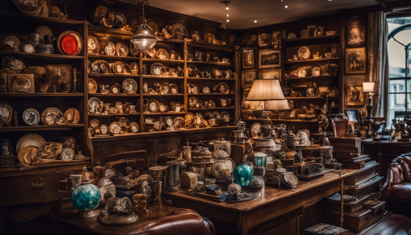 A vintage shop display filled with unique and rare items, featuring a diverse group of people and a bustling atmosphere.