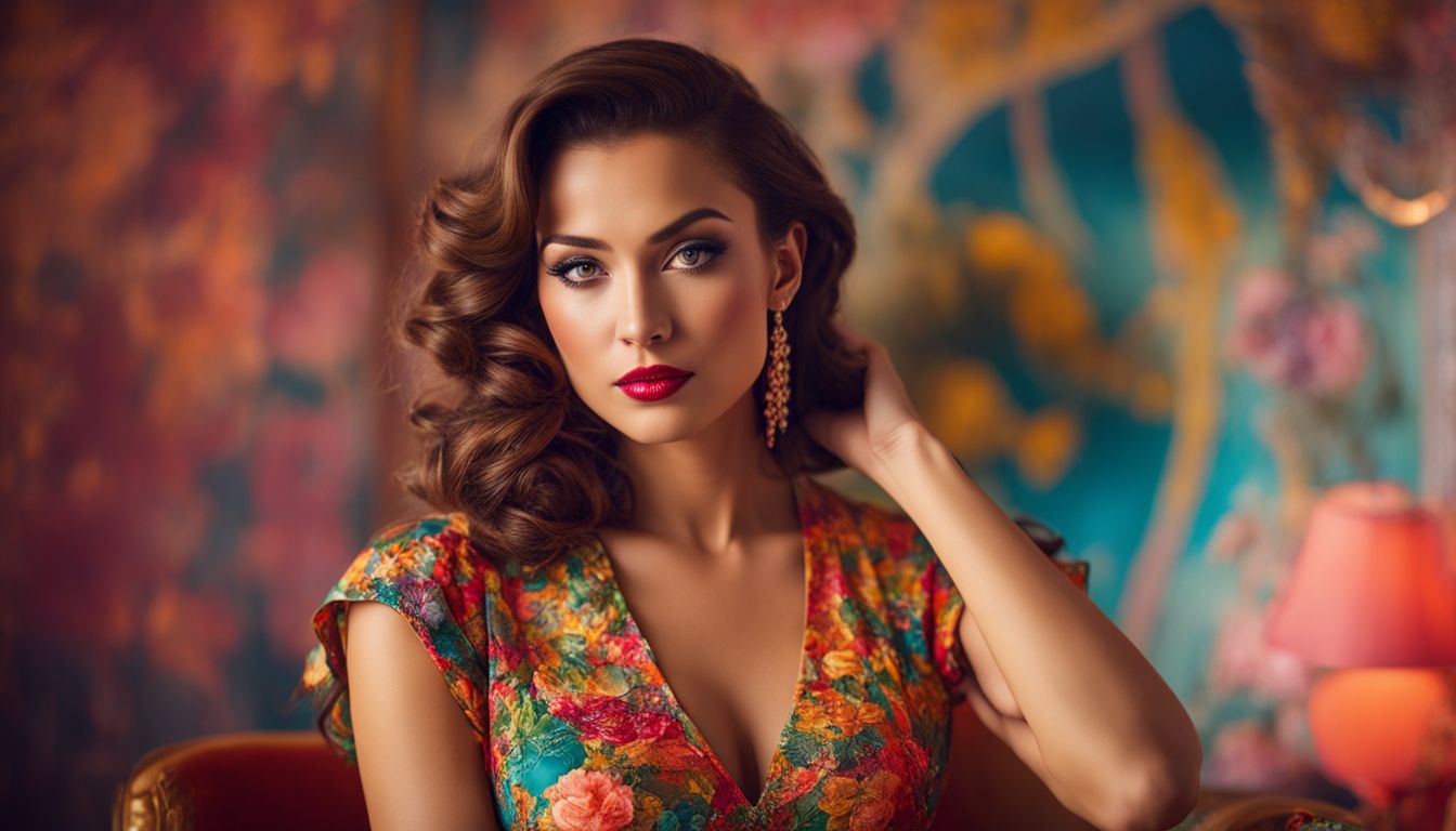 A woman wearing a vintage dress poses in a colorful retro-inspired interior, showcasing different hair styles and outfits.