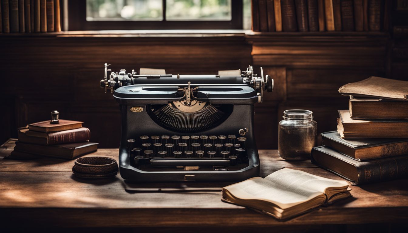 An antique typewriter sits on a rustic desk surrounded by vintage books, creating a nostalgic and bustling atmosphere.