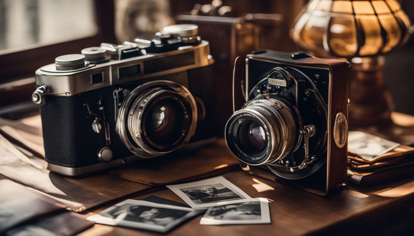 A vintage camera surrounded by old photographs, capturing different people and styles in a well-lit, lively atmosphere.