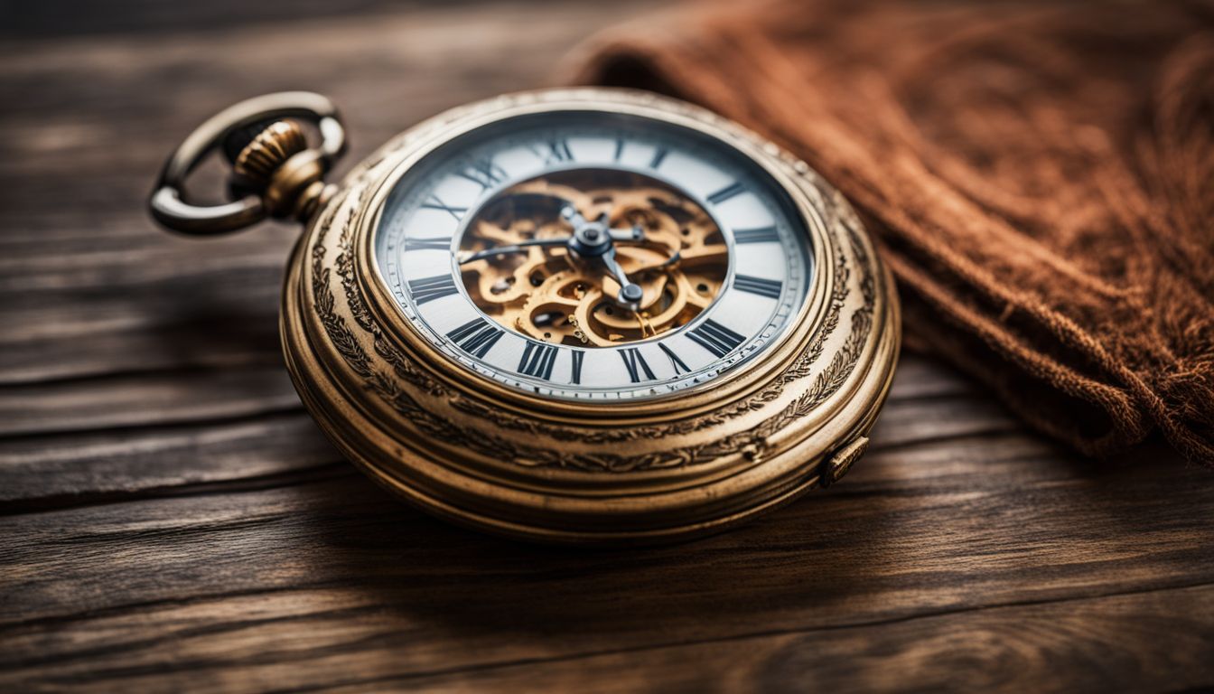 A detailed close-up photo of a vintage pocket watch on a wooden table showcasing its intricate design and craftsmanship.