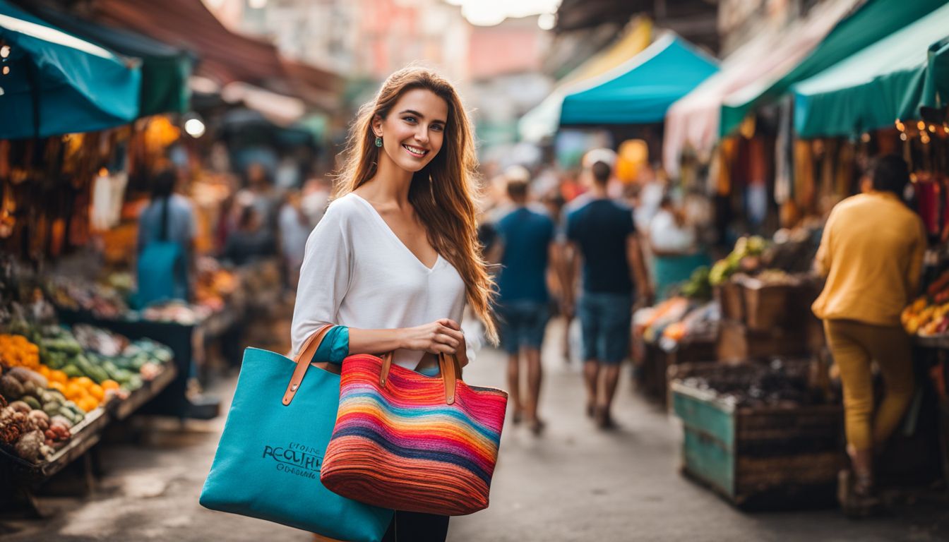 A person holds a beautifully crafted tote bag made from repurposed materials in a vibrant outdoor market.