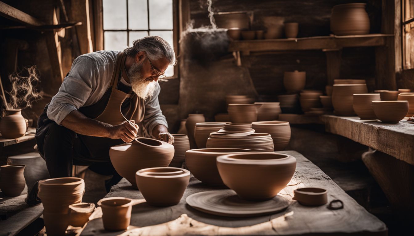 The photo features an artisan creating handmade pottery in a rustic studio with various people and styles.