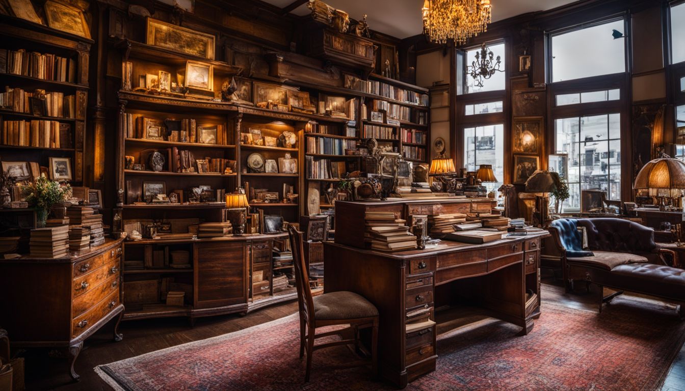 A bustling antique shop filled with vintage furniture, books, and decor, captured in a detailed and vibrant photograph.