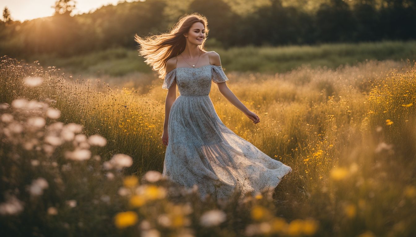 A woman in a vintage dress twirling in a sunlit field of wildflowers, captured in a nature photo.
