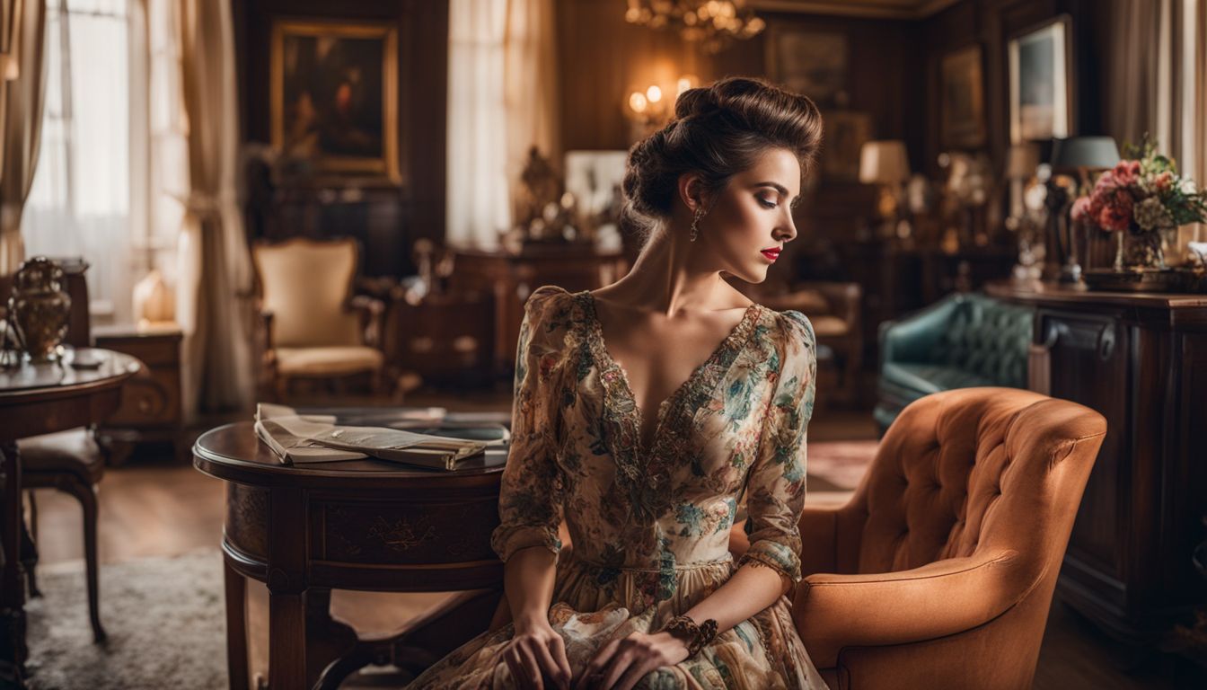 A photo of a woman in a vintage dress surrounded by vintage furniture, with different faces, hair styles, and outfits.