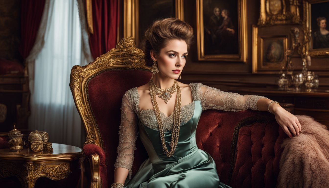 An elegant woman adorned in antique jewelry sits in a luxurious Victorian parlor surrounded by vintage furniture.