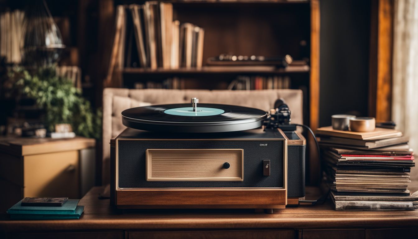 A vintage record player with a collection of vinyl records surrounded by retro furniture and various people.