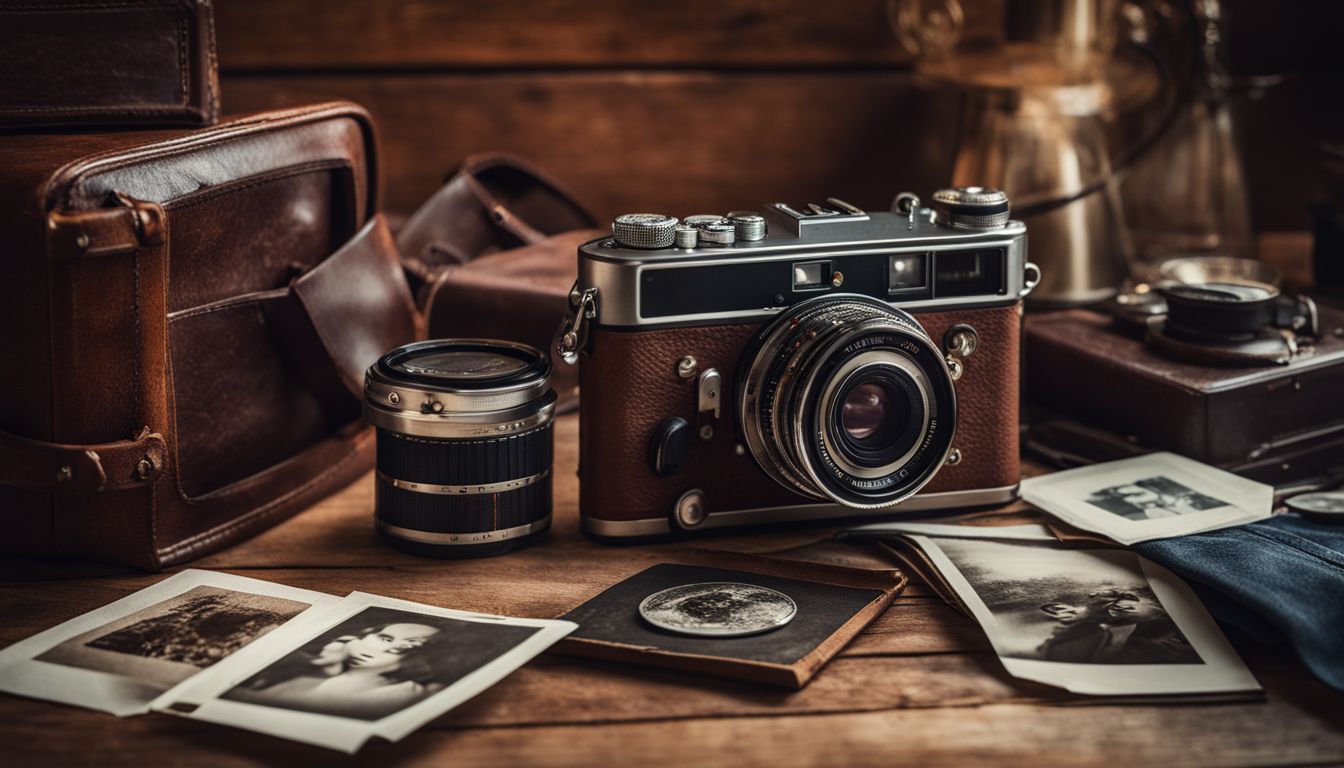 A vintage camera on a table surrounded by old photographs in a well-lit room with various people and scenes.