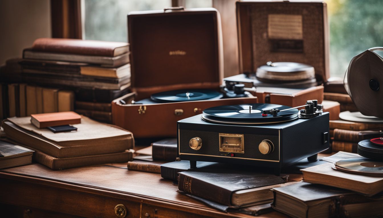 A still life photograph of a vintage record player surrounded by retro vinyl records, antique books, and a vintage camera.