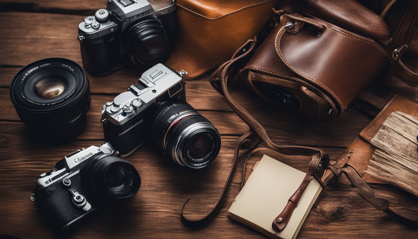 A vibrant still life photo featuring vintage items arranged on a wooden table, captured with a high-quality camera.