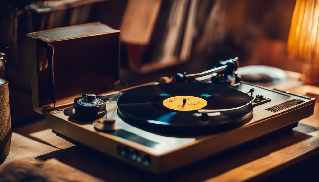 A vintage record player surrounded by vinyl records and retro decor in a well-lit room with diverse people.