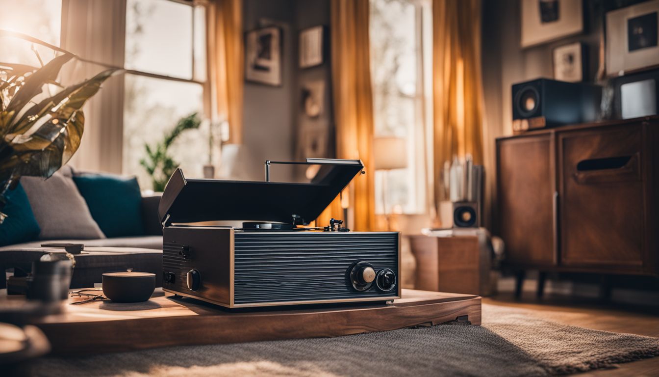 The photo shows an old record player with vinyl records and vintage speakers in a cozy living room.