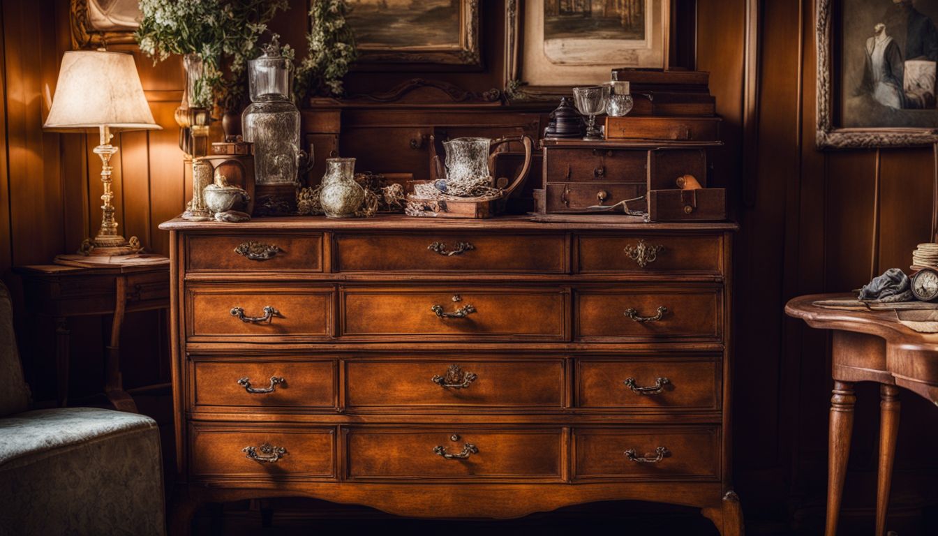 Vintage vs Retro: An antique wooden dresser with vintage clothing and accessories, showcasing a variety of different styles and faces.
