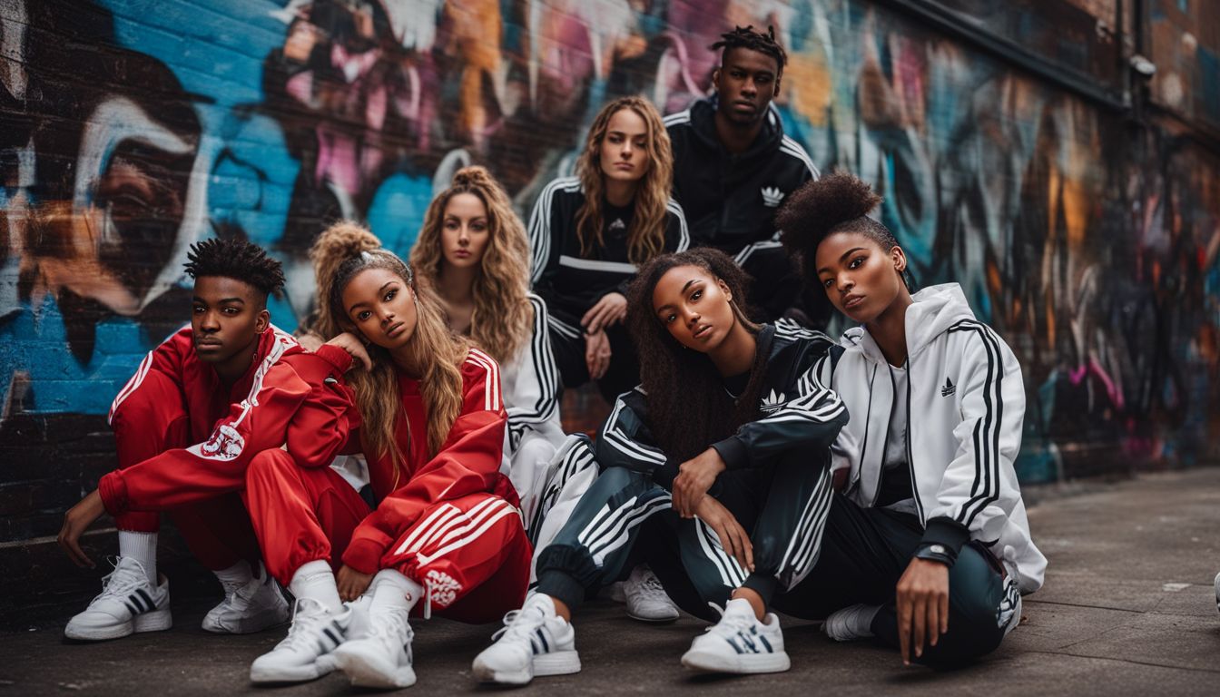 A group of friends in vintage Adidas tracksuits posing in front of a graffiti wall for street fashion photography.