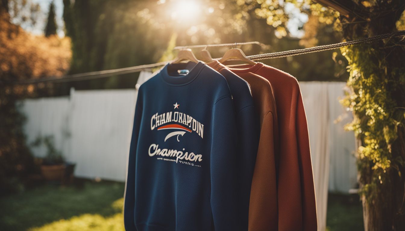 A vintage Champion sweatshirt hanging on a clothesline in a sunlit backyard, showcasing different faces, hairstyles, and outfits.