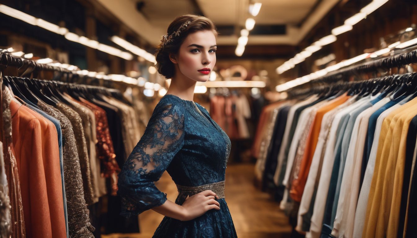 A woman wearing a vintage dress in a retro-inspired boutique surrounded by racks of clothing.