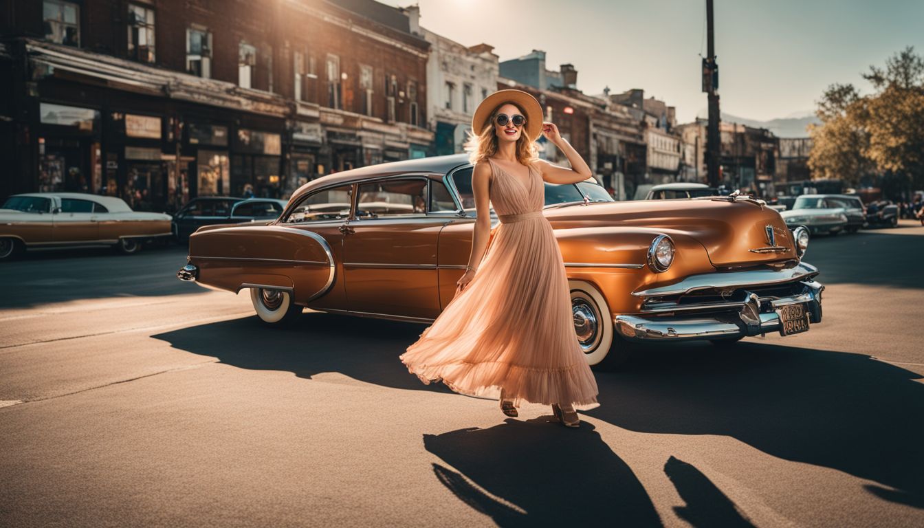 A Caucasian woman in a vintage dress twirls in front of a retro car in a bustling cityscape.