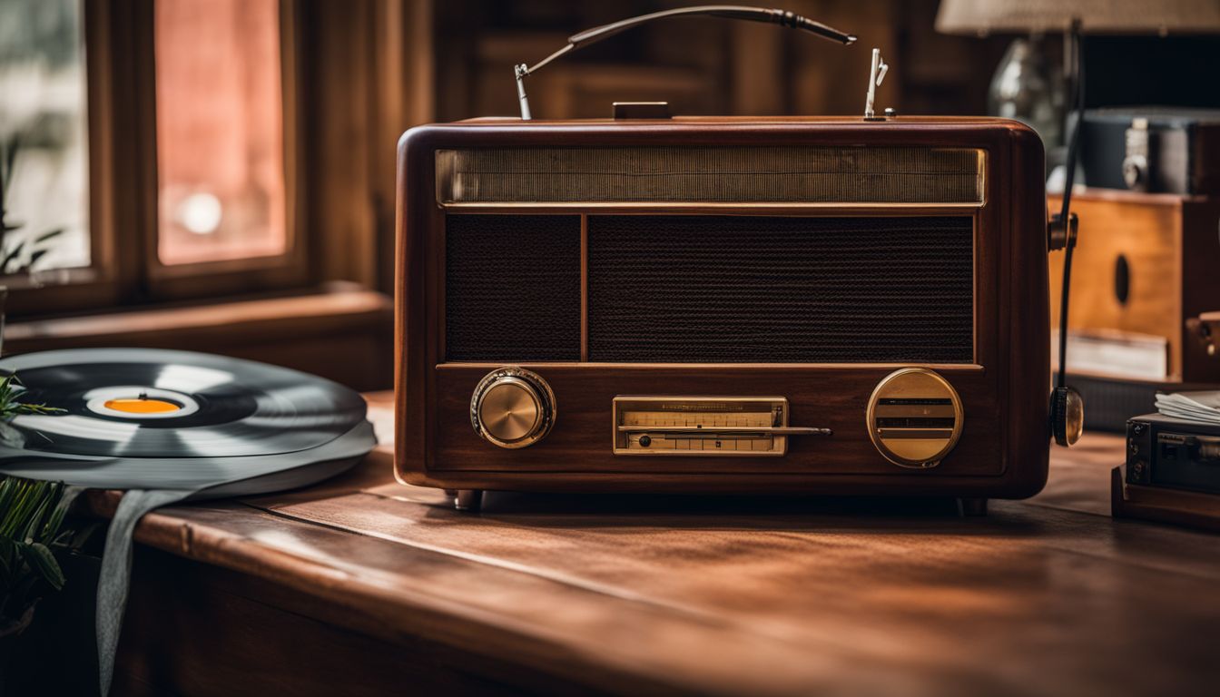 An antique radio sits on a wooden table surrounded by vinyl records with different faces, hair styles, and outfits.