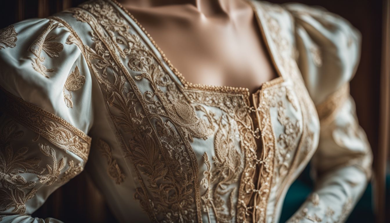 A close-up photo of a vintage dress with intricate stitching and fine fabric, showcasing quality craftsmanship.
